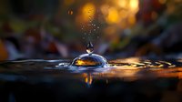 Water drop impact creating crown splash formation with golden sunset bokeh background, captured in macro photography with dramatic lighting and reflection.