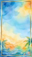 Watercolor tropical sunset scene with palm trees, ocean waves, and seashells framed by gold border, suitable for travel, vacation, and summer design projects.