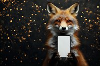 Red fox holding smartphone with blank screen against dark background with golden bokeh lights, modern wildlife concept for social media and technology.