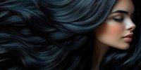 Asian woman with flowing dark teal hair against black background, eyes closed and red lips, profile view showing luxurious wavy hair movement for beauty and salon advertising.