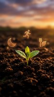 Young seedling sprouting from rich soil with glowing icons representing sustainable agriculture, healthy eating, and nighttime growth. Sunset sky backdrop symbolizes eco-friendly farming and organic food production for agricultural and wellness campaigns.