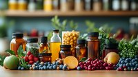 Fresh fruits, berries and glass bottles with natural supplements, vitamins and herbal extracts on wooden table against blurred kitchen background.