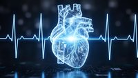 Digital holographic human heart with ECG rhythm line on dark technology background for medical healthcare and cardiology concepts.