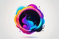 Vibrant abstract circular design with flowing gradient shapes in purple, blue, yellow and pink against dark background, featuring fluid motion and musical notes.