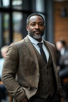 Confident African American businessman in brown tweed suit standing outdoors in urban setting with modern office buildings in background.