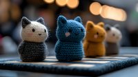 Handmade knitted cat toys lined up on checkered surface with soft bokeh background lights. Cute amigurumi kittens in white, blue, yellow and gray colors.