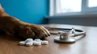 Dog paw near stethoscope and white pills on wooden table with blue wall background, veterinary medicine and pet healthcare concept.