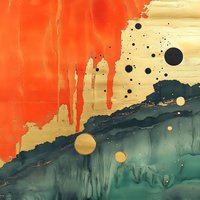 Abstract fluid art painting featuring vibrant orange drips over gold metallic surface contrasting with deep teal waves and floating black and gold circular elements.