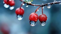 Red winter berries with frozen water drops reflecting sky and nature, macro photography on blurred blue background creates magical seasonal atmosphere.
