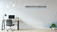 Modern office workspace with innovative medicine text and molecular structure graphics on wall for healthcare technology presentations.