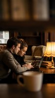 Young couple working together on laptop in cozy home office with warm lighting and vintage lamp for remote work and collaboration projects.