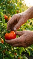 Elderly farmer hands carefully harvesting fresh red tomato from vine in organic garden during golden hour sunlight for healthy eating and agriculture.