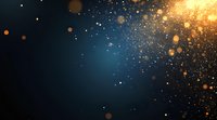 Magical golden sparkles and light particles floating on dark blue background with glowing bokeh effect and copy space for festive designs.