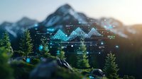 Digital data visualization overlaid on mountain landscape with pine trees at sunset, combining technology and nature for business analytics or environmental monitoring.