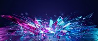 Futuristic digital explosion with neon pink and blue geometric shards bursting from central point creating dynamic abstract technology background.