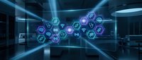 Futuristic digital interface with glowing hexagonal icons displaying various symbols in modern tech environment with blue neon lighting effects.