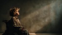Young curly-haired boy in vintage clothing sits thoughtfully in dramatic lighting with atmospheric smoke, evoking nostalgic childhood memories and contemplation.
