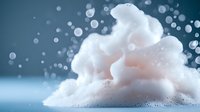 Delicate pink foam bubbles on blue background with bokeh effect and soft lighting, macro photography showing texture and detail for cosmetic and hygiene products.