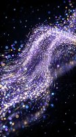 Abstract purple and gold particle wave flowing through dark space with glowing bokeh lights creating dynamic motion for digital art and technology backgrounds.