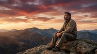 Middle-aged bearded man in outdoor clothing sitting on mountain peak during golden hour sunset with dramatic sky and mountain range landscape view.