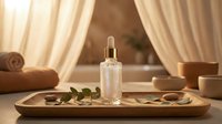 Luxury skincare serum bottle with dropper on wooden tray surrounded by eucalyptus leaves in warm spa setting with soft natural lighting and towels.