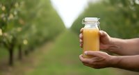Hands holding glass jar of fresh apple juice in orchard setting, ideal for beverage, agriculture, and organic product marketing campaigns.