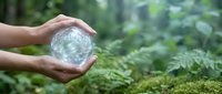 Hands holding a glowing crystal brain sphere in a lush green forest, symbolizing nature, intelligence, and mental wellness harmony.