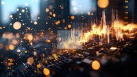 Financial market data visualization with glowing orange candlestick charts rising above dark trading dashboard, overlaid with bokeh light effects and digital analytics.