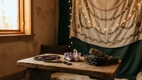 Cozy bohemian bedroom interior with wooden table displaying crystals, jewelry and decorative items in warm ambient lighting for home decor inspiration.