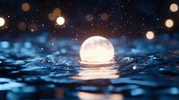 Glowing moon sphere floating on rippled water surface with bokeh lights and starry night sky creating magical atmospheric scene.
