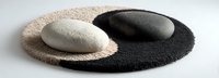 Zen-inspired yin yang design with smooth white and black stones on textured circular mats, creating balance and harmony for spa or meditation spaces.