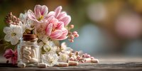 Pink and white spring flowers in glass jar on rustic wooden table with soft bokeh background for wedding decor and floral arrangements.