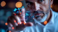 Mature bearded man with blue eyes interacting with glowing digital particles, cybersecurity concept. Futuristic technology visualization in dark setting with bokeh lights.