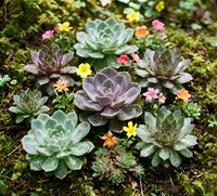 Colorful succulent garden with purple and green rosettes surrounded by small flowers on moss ground for landscaping and botanical decoration projects.