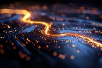 Glowing curved light path on dark background with bokeh effect creates futuristic technology concept, abstract digital network visualization in blue and orange.