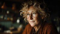 Elderly Caucasian woman with curly gray hair and glasses smiling warmly in cozy sweater, portrait of senior female with gentle expression in soft lighting.
