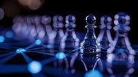 Glass chess pawn piece on reflective surface with blue lighting and bokeh effects, other chess pieces blurred in background creating strategic atmosphere.