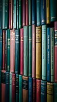 Vintage books arranged on library shelves with colorful spines in blues, greens, reds and yellows creating literary atmosphere for education and research.