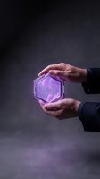 Businessman holding glowing purple hexagonal crystal with neon geometric patterns, representing innovation, technology, and digital transformation for corporate and business concepts.