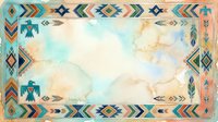 Watercolor cloud texture with southwestern geometric border frame featuring turquoise, coral, and navy tribal patterns, ideal for backgrounds and design projects.