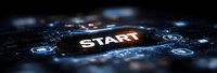 Digital START button on futuristic interface with glowing blue lights and circuit board technology background for business innovation concepts.