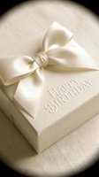 Elegant ivory gift box with satin ribbon bow and embossed Happy Birthday text, luxury present for celebration, greeting card design.