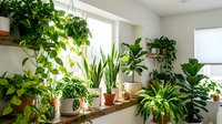 Bright modern interior with lush green houseplants on wooden shelf by window. Indoor garden creates fresh natural atmosphere for home decor and wellness.