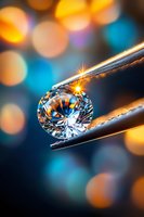 Brilliant diamond held in tweezers against blurred bokeh background combining orange and turquoise lights, sparkling reflections highlight gem cut facets.