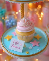 Birthday cupcake with pink frosting and gold candle on turquoise plate with colorful star decorations and bokeh lights for celebration party dessert.