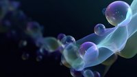 Ethereal soap bubbles floating in dark space with glowing turquoise light trails, creating magical atmosphere. Macro photography captures iridescent reflections and delicate transparency.
