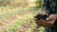 Farmer holding seedling with soil in hands outdoors, agricultural growth and sustainability concept for farming, gardening, and environmental conservation projects.