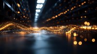 Abstract golden light waves flowing on dark reflective surface with bokeh effect and glowing particles creating magical atmosphere for luxury backgrounds.