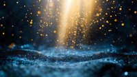 Magical golden light rays shine through dark space with glowing particles and blue sparkles floating in mysterious atmosphere. Dreamy abstract background.