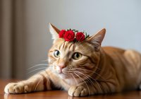 Tabby cat wearing red rose flower crown, lying down with relaxed posture, studio portrait for pet, animal, and celebration themed designs.